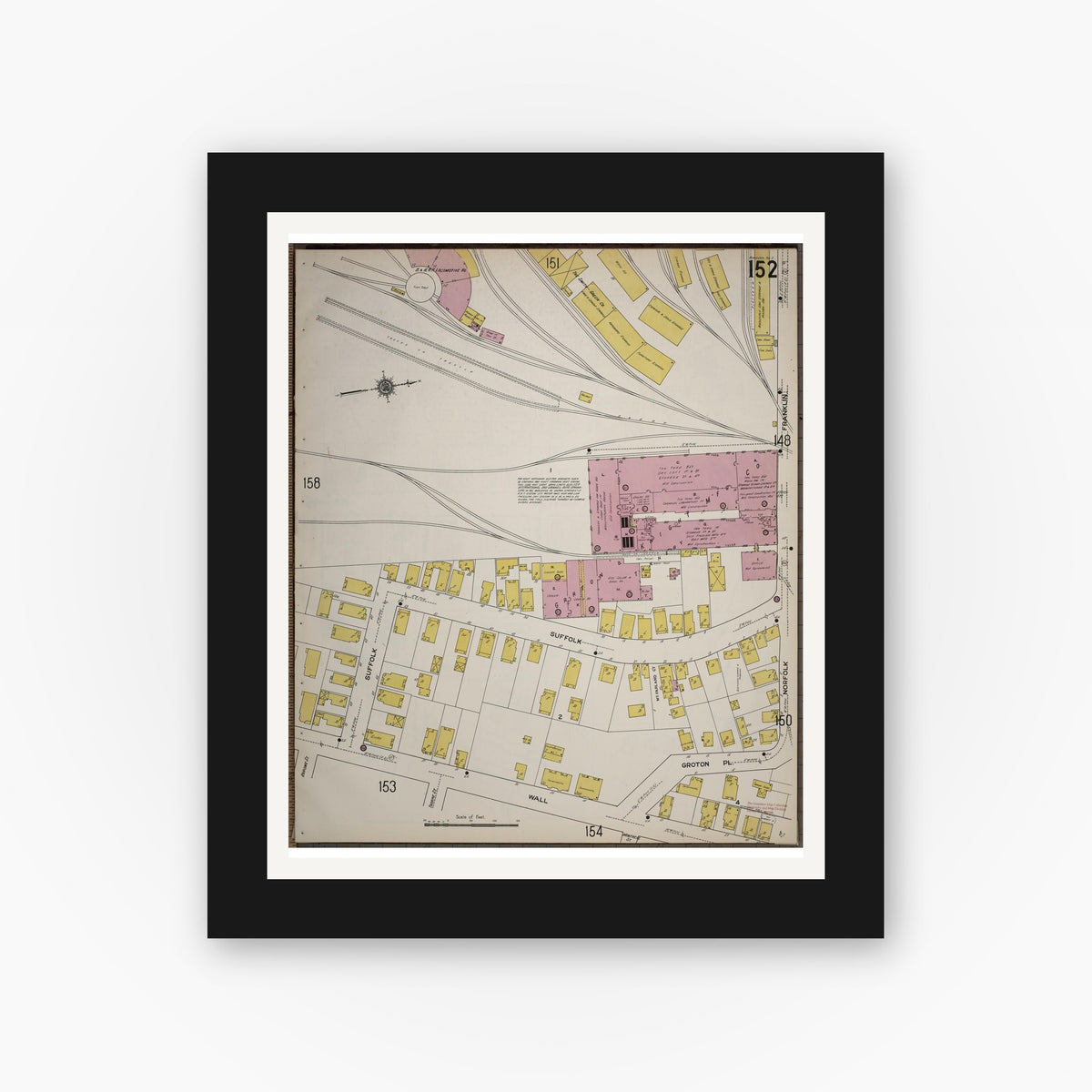 Old map wall art mockup — black gallery frame with white mat — Sanborn Fire Insurance Map from Worcester, Worcester County, Massachusetts (1910), Sheet #0152