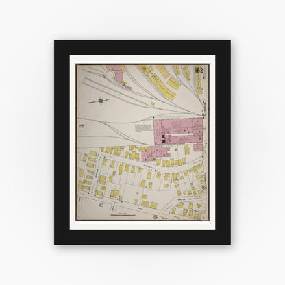 Old map wall art mockup — black gallery frame with white mat — Sanborn Fire Insurance Map from Worcester, Worcester County, Massachusetts (1910), Sheet #0152