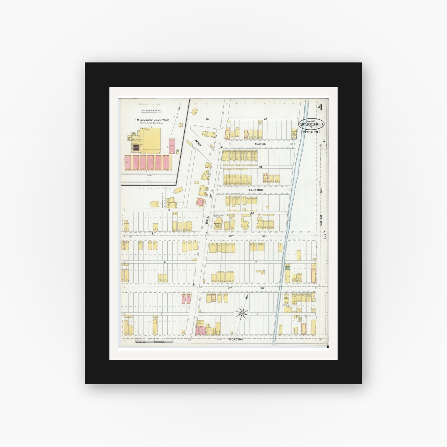 Old map wall art mockup — black gallery frame with white mat — Sanborn Fire Insurance Map from Turtle Creek Valley, Allegheny County, Pennsylvania (1900), Sheet #0004