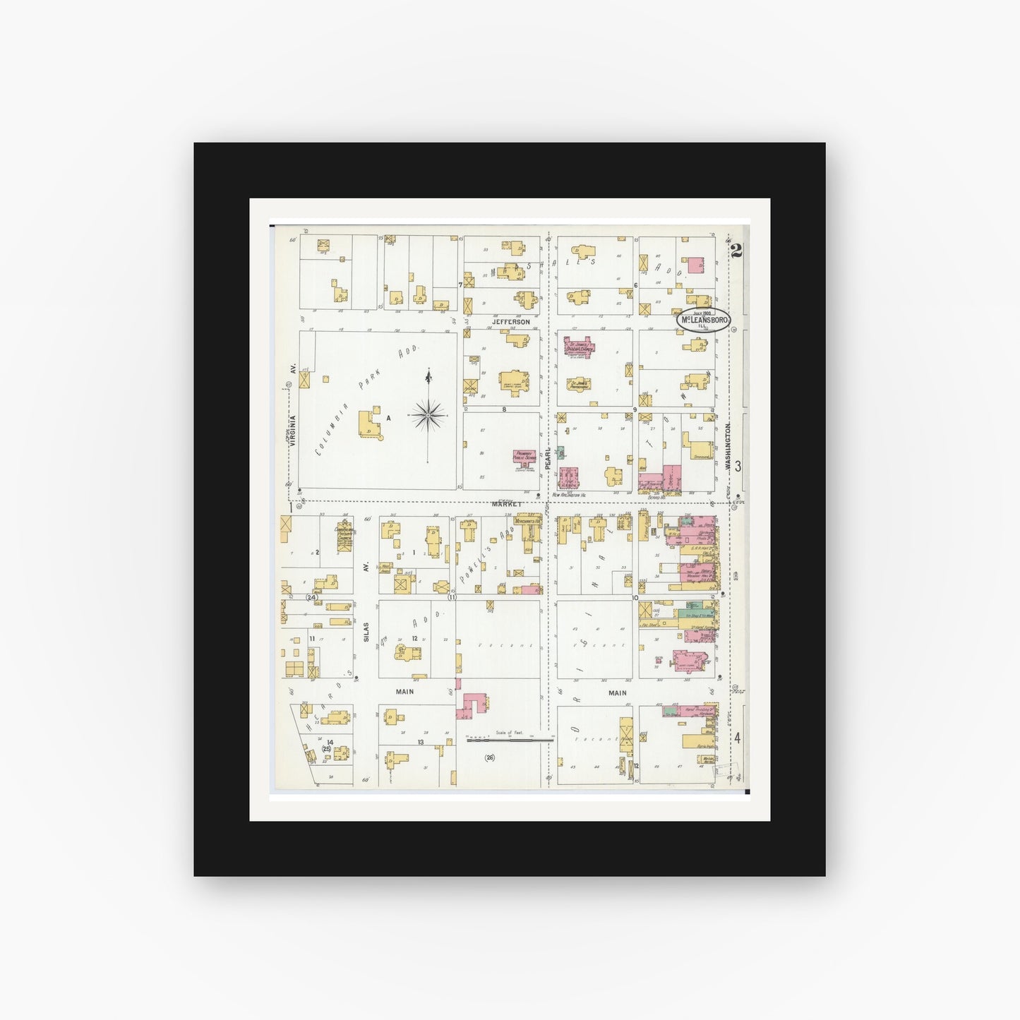 Old map wall art mockup — black gallery frame with white mat — Sanborn Fire Insurance Map from Mcleansboro, Hamilton County, Illinois (1900), Sheet #0002