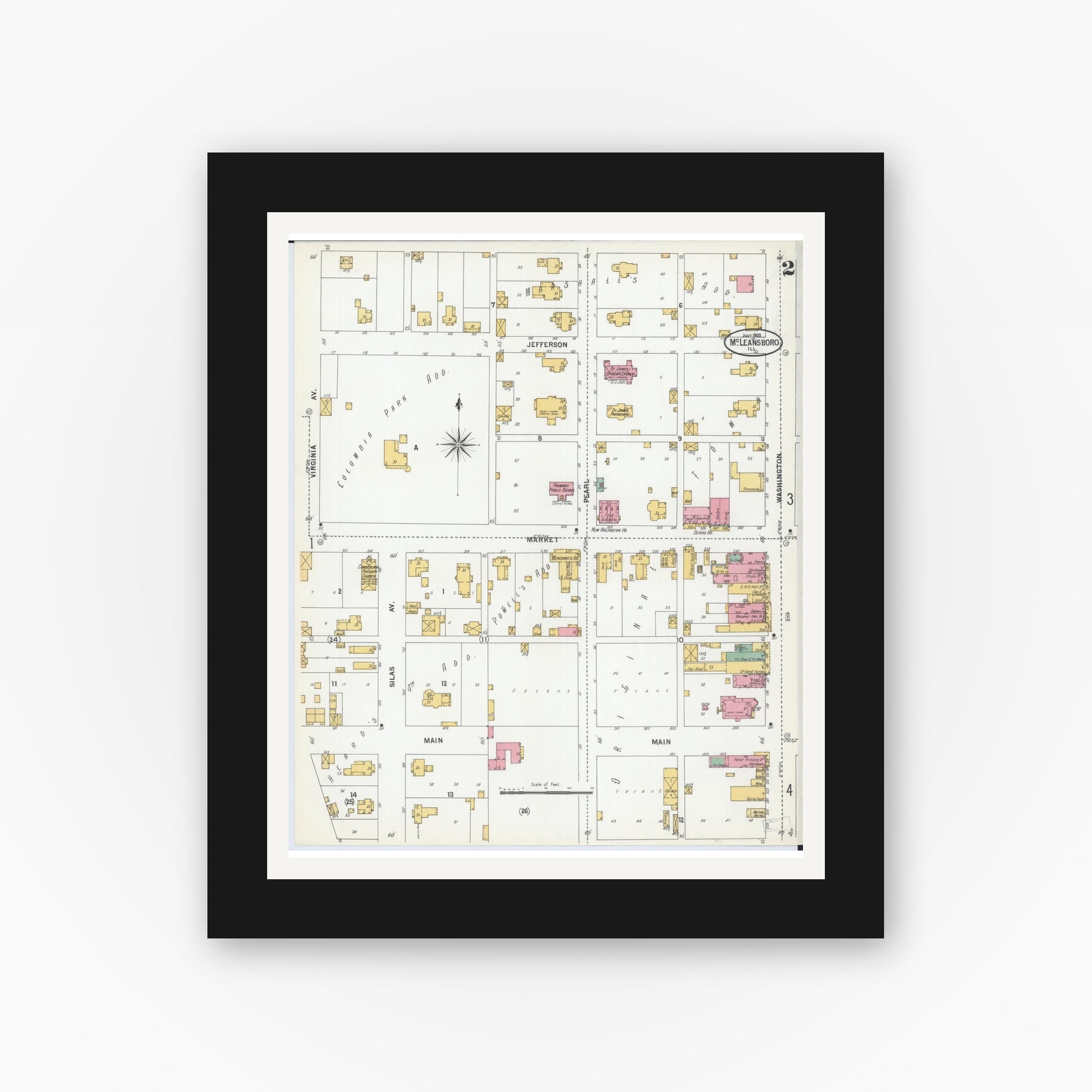Old map wall art mockup — black gallery frame with white mat — Sanborn Fire Insurance Map from Mcleansboro, Hamilton County, Illinois (1900), Sheet #0002