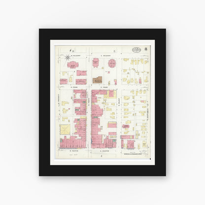 Old map wall art mockup — black gallery frame with white mat — Sanborn Fire Insurance Map from Sherman, Grayson County, Texas (1908), Sheet #0008