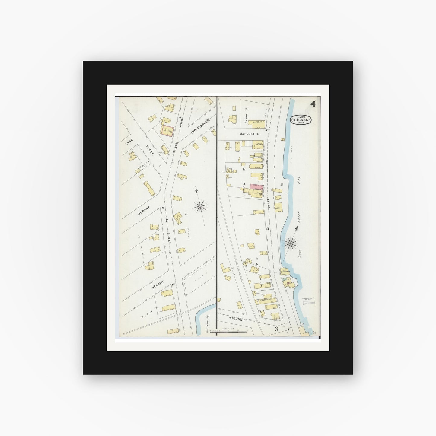 Old map wall art mockup — black gallery frame with white mat — Sanborn Fire Insurance Map from Saint Ignace, Mackinac County, Michigan (1896), Sheet #0004