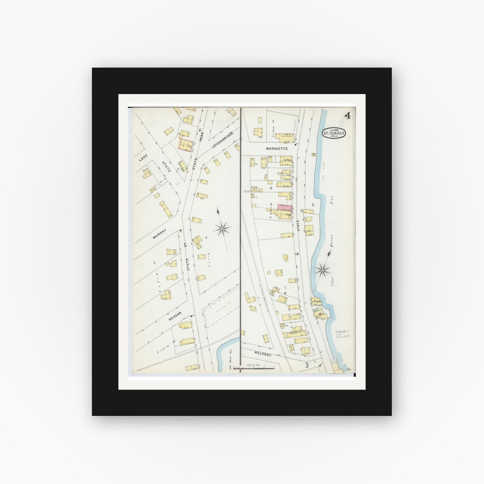Old map wall art mockup — black gallery frame with white mat — Sanborn Fire Insurance Map from Saint Ignace, Mackinac County, Michigan (1896), Sheet #0004