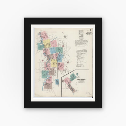 Old map wall art mockup — black gallery frame with white mat — Sanborn Fire Insurance Map from Akron, Summit County, Ohio (1886), Sheet #0001