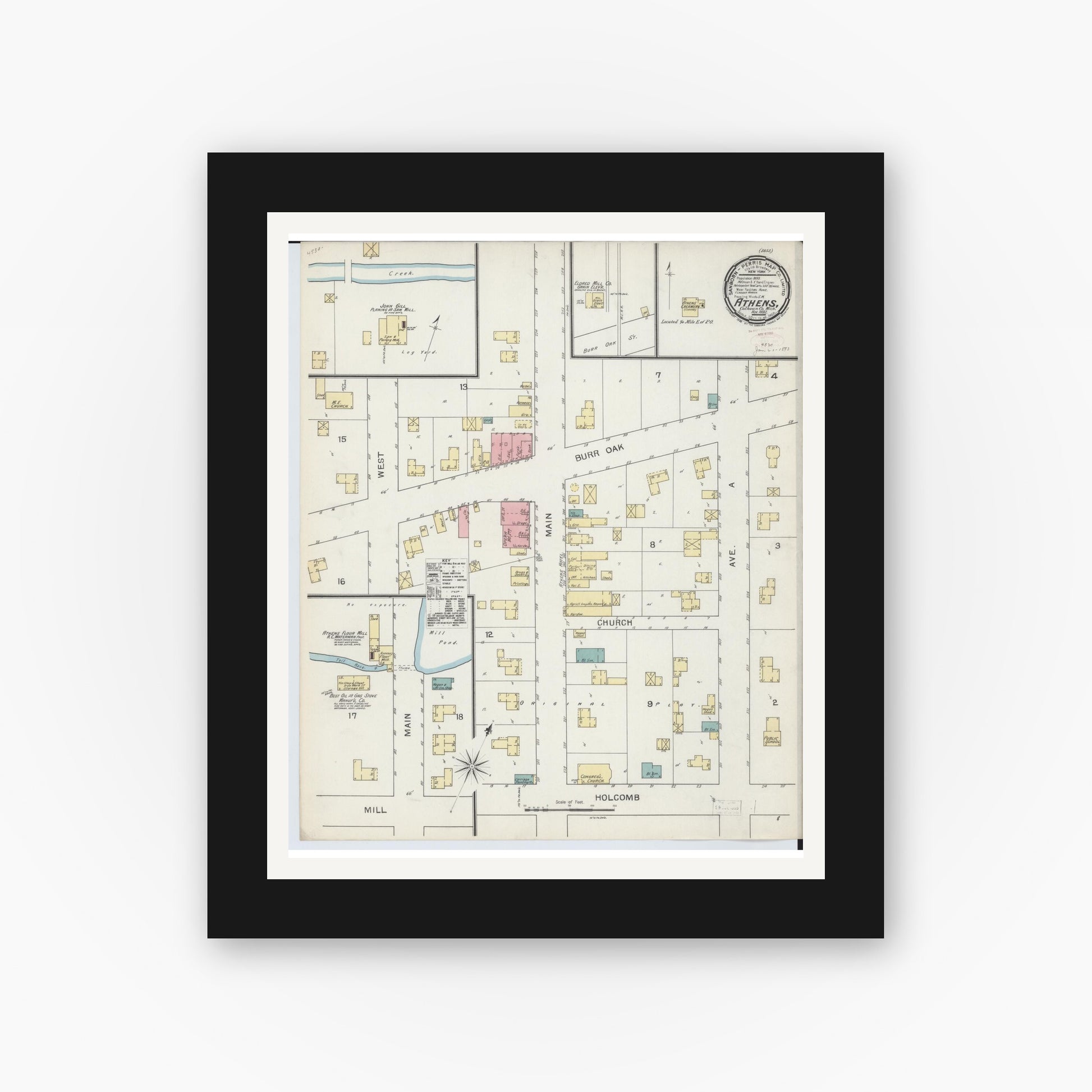 Old map wall art mockup — black gallery frame with white mat — Sanborn Fire Insurance Map from Athens, Calhoun County, Michigan (1892), Sheet #0001