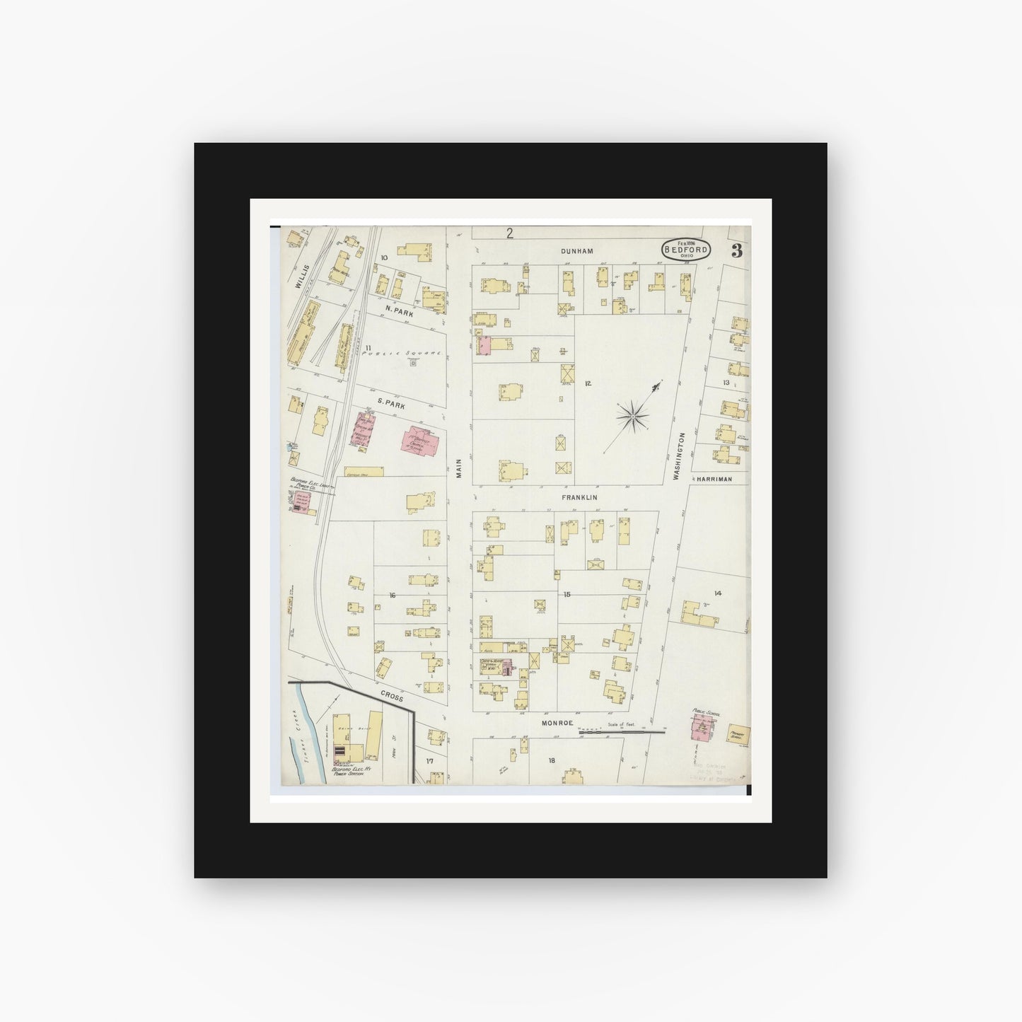 Old map wall art mockup — black gallery frame with white mat — Sanborn Fire Insurance Map from Bedford, Cuyahoga County, Ohio (1896), Sheet #0003