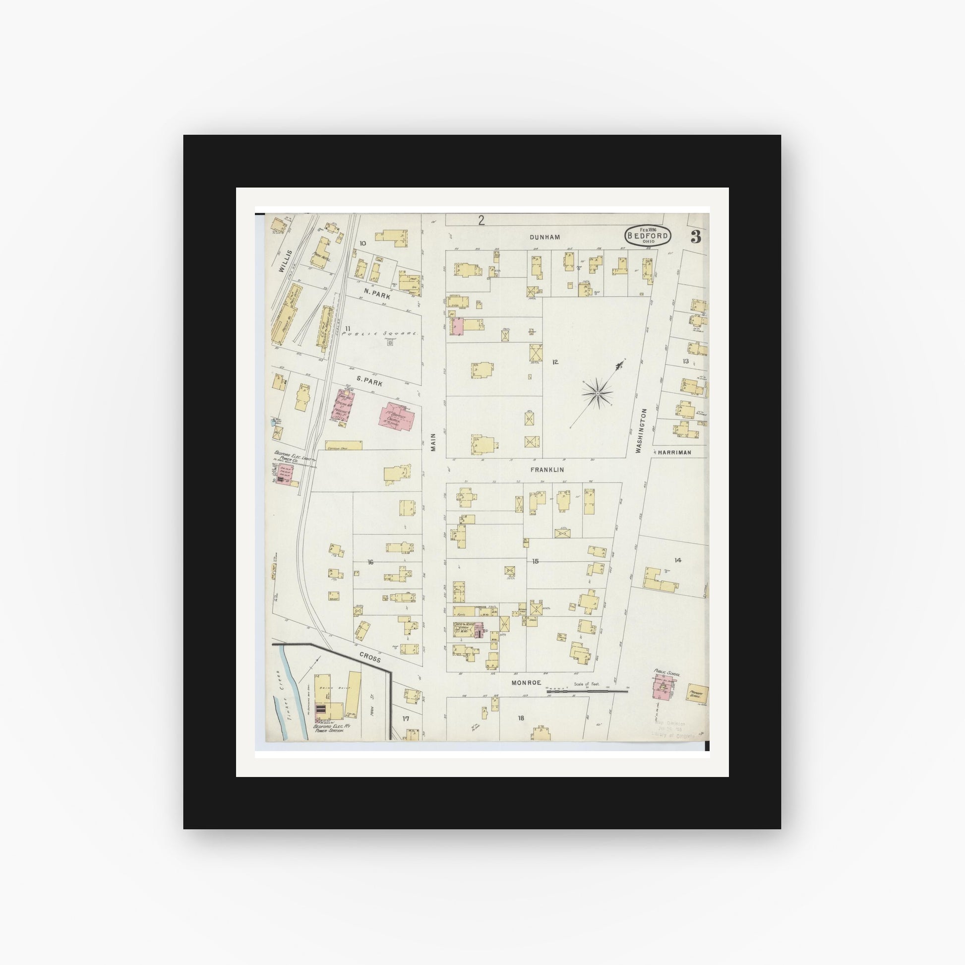 Old map wall art mockup — black gallery frame with white mat — Sanborn Fire Insurance Map from Bedford, Cuyahoga County, Ohio (1896), Sheet #0003