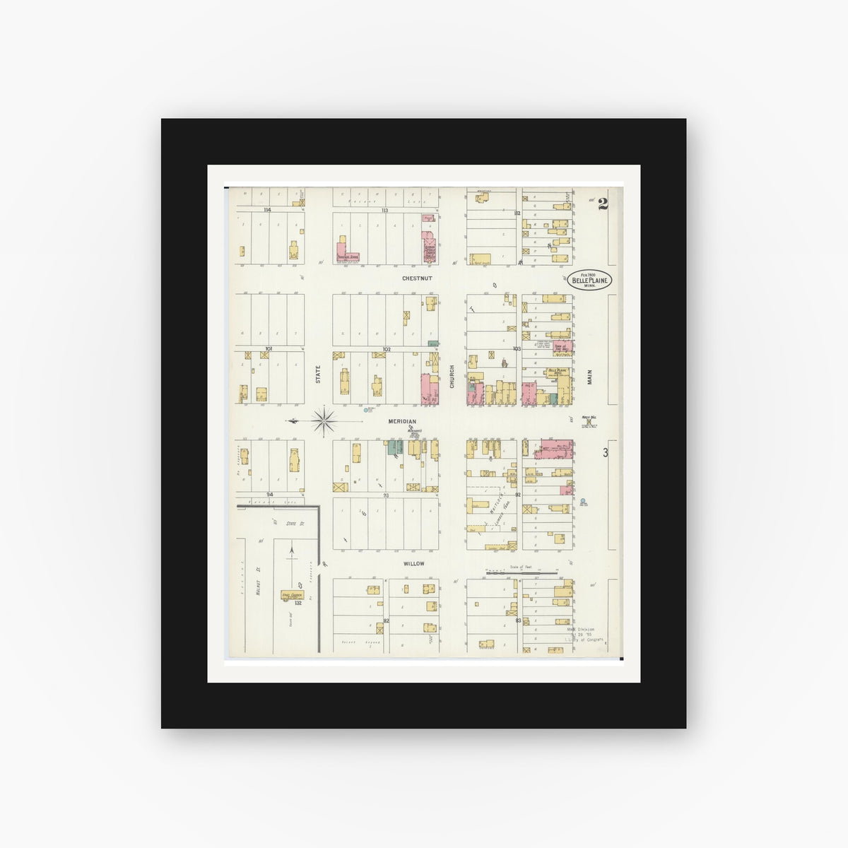 Old map wall art mockup — black gallery frame with white mat — Sanborn Fire Insurance Map from Belle Plaine, Scott County, Minnesota (1900), Sheet #0002