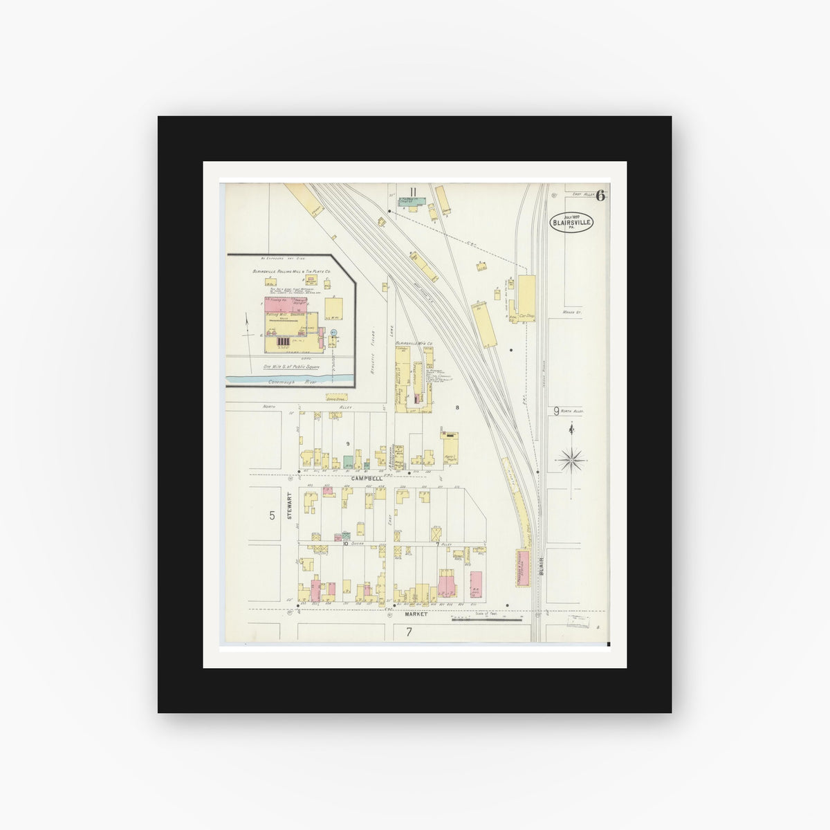 Old map wall art mockup — black gallery frame with white mat — Sanborn Fire Insurance Map from Blairsville, Indiana County, Pennsylvania (1897), Sheet #0006