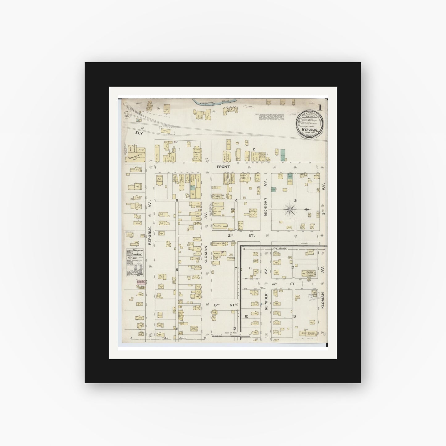 Old map wall art mockup — black gallery frame with white mat — Sanborn Fire Insurance Map from Republic, Marquette County, Michigan (1888) - Complete Map Set