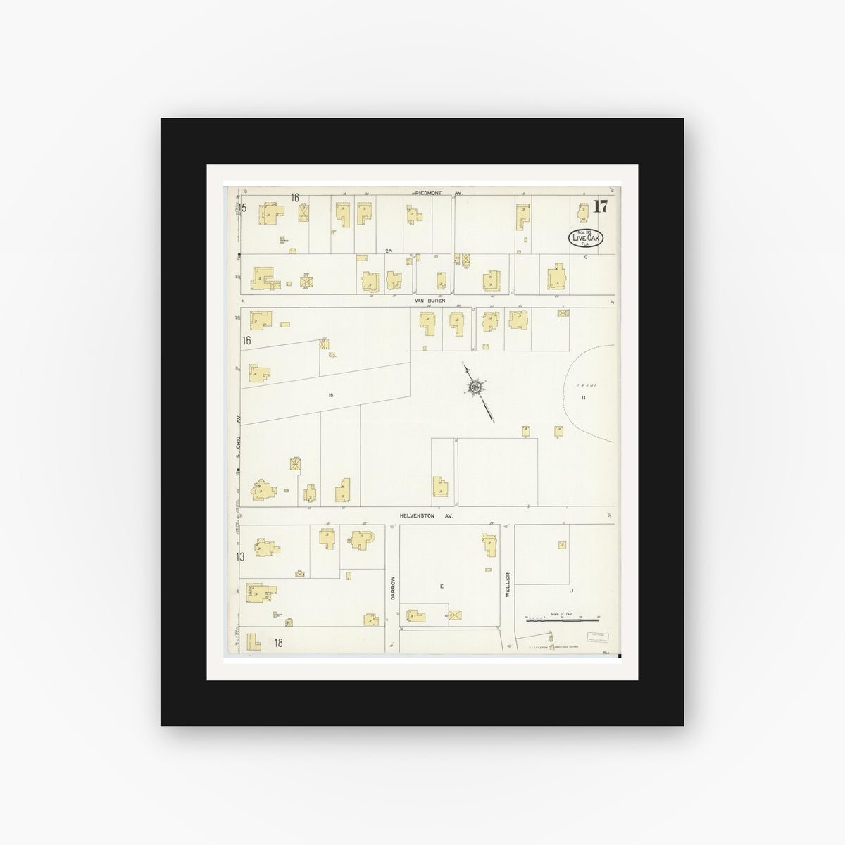 Old map wall art mockup — black gallery frame with white mat — Sanborn Fire Insurance Map from Live Oak, Suwanee County, Florida (1912), Sheet #0017