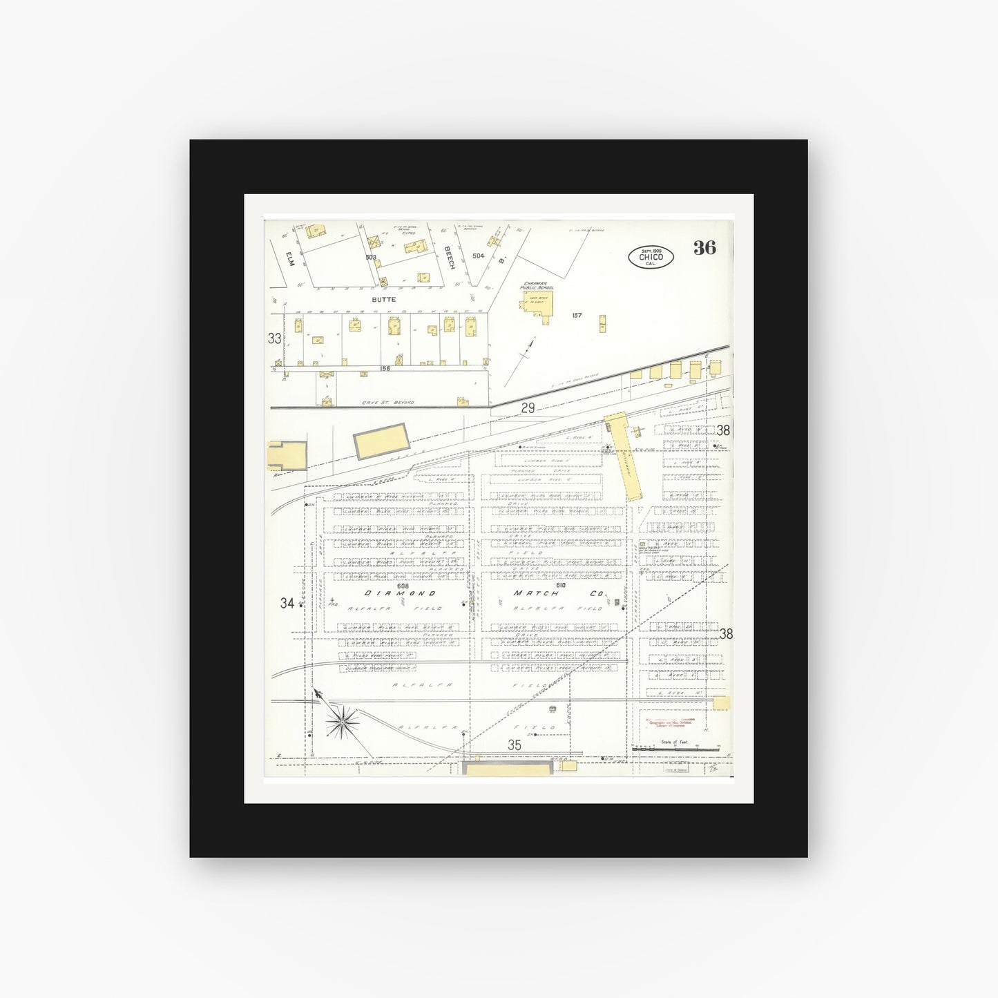 Old map wall art mockup — black gallery frame with white mat — Sanborn Fire Insurance Map from Chico, Butte County, California (1909), Sheet #0036