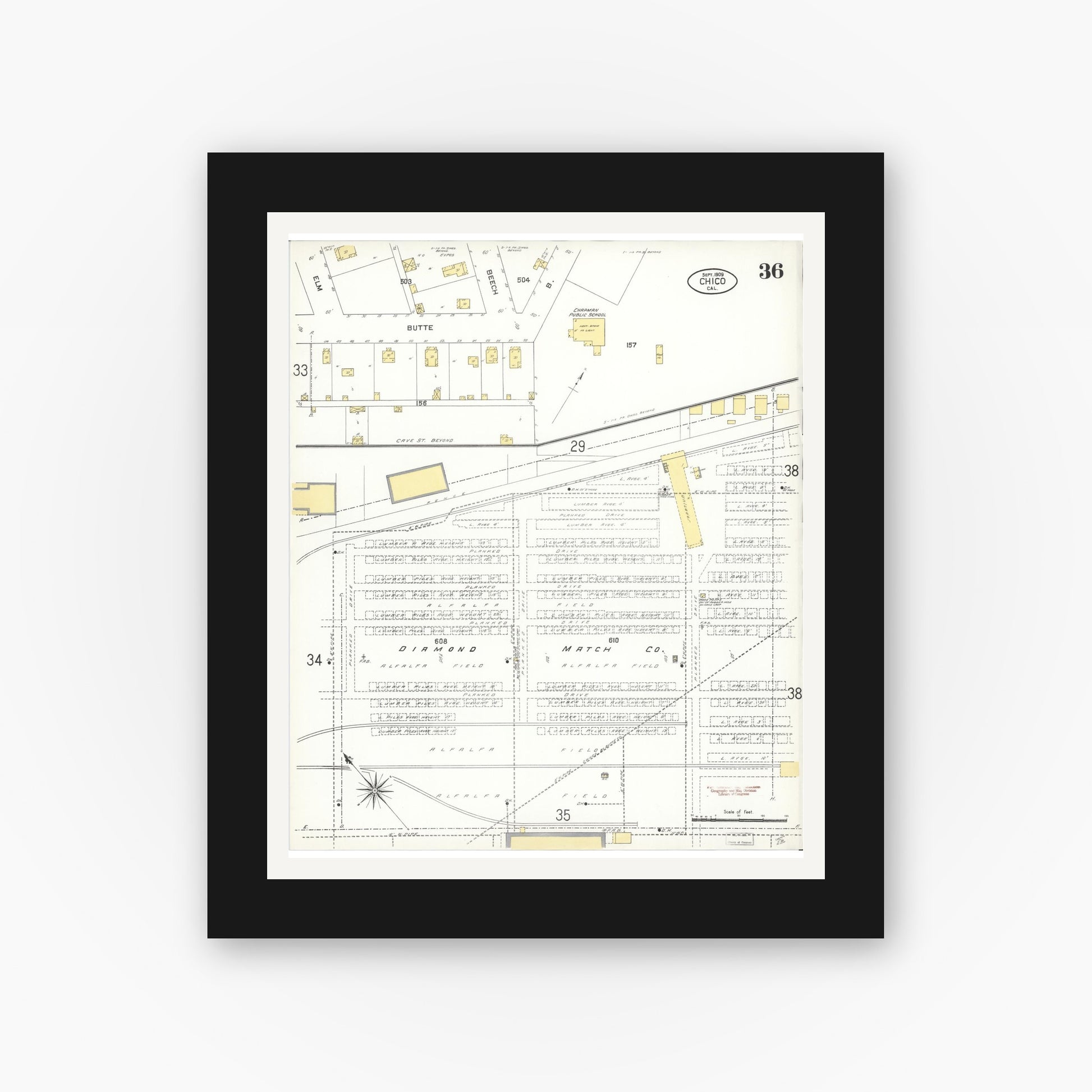 Old map wall art mockup — black gallery frame with white mat — Sanborn Fire Insurance Map from Chico, Butte County, California (1909), Sheet #0036