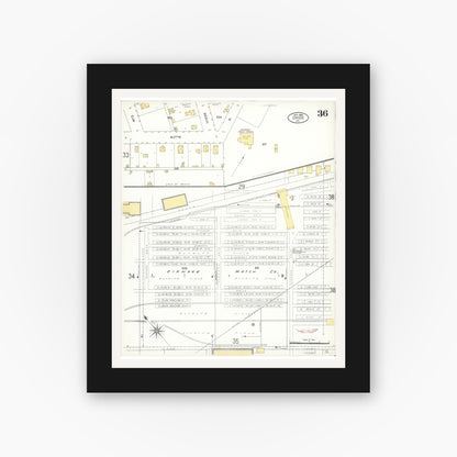 Old map wall art mockup — black gallery frame with white mat — Sanborn Fire Insurance Map from Chico, Butte County, California (1909), Sheet #0036