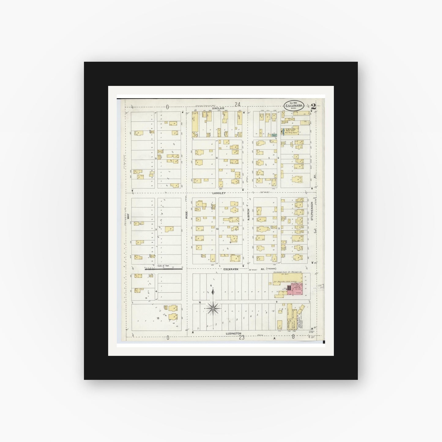 Old map wall art mockup — black gallery frame with white mat — Sanborn Fire Insurance Map from Escanaba, Delta County, Michigan (1906), Sheet #0002