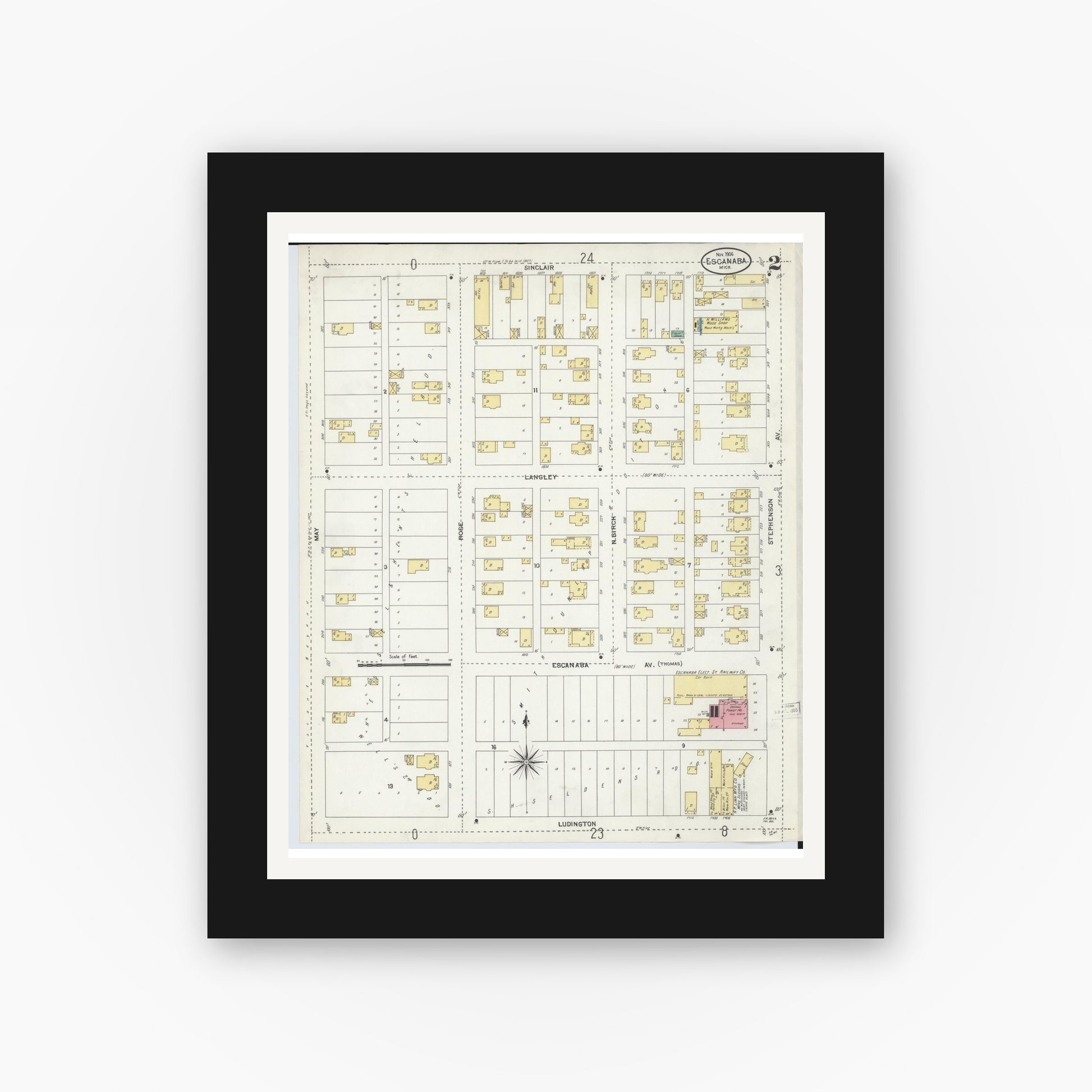 Old map wall art mockup — black gallery frame with white mat — Sanborn Fire Insurance Map from Escanaba, Delta County, Michigan (1906), Sheet #0002