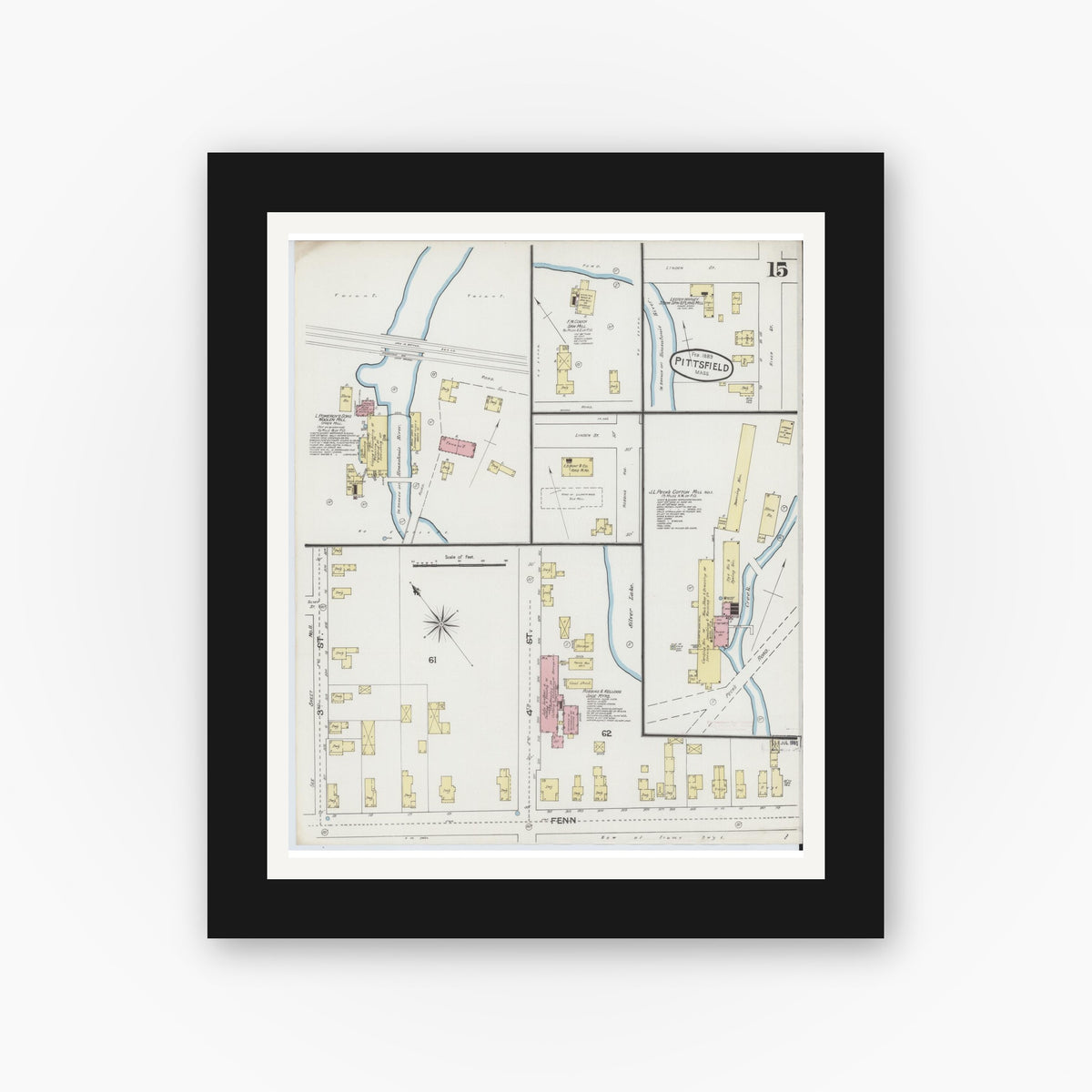 Old map wall art mockup — black gallery frame with white mat — Sanborn Fire Insurance Map from Pittsfield, Berkshire County, Massachusetts (1889), Sheet #0015