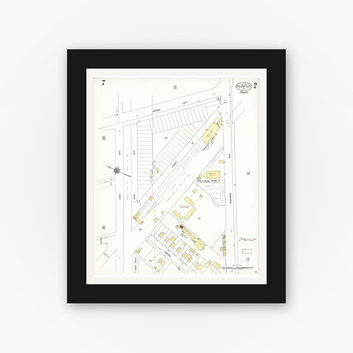 Old map wall art mockup — black gallery frame with white mat — Sanborn Fire Insurance Map from Culver City, Los Angeles County, California (1924), Sheet #0007