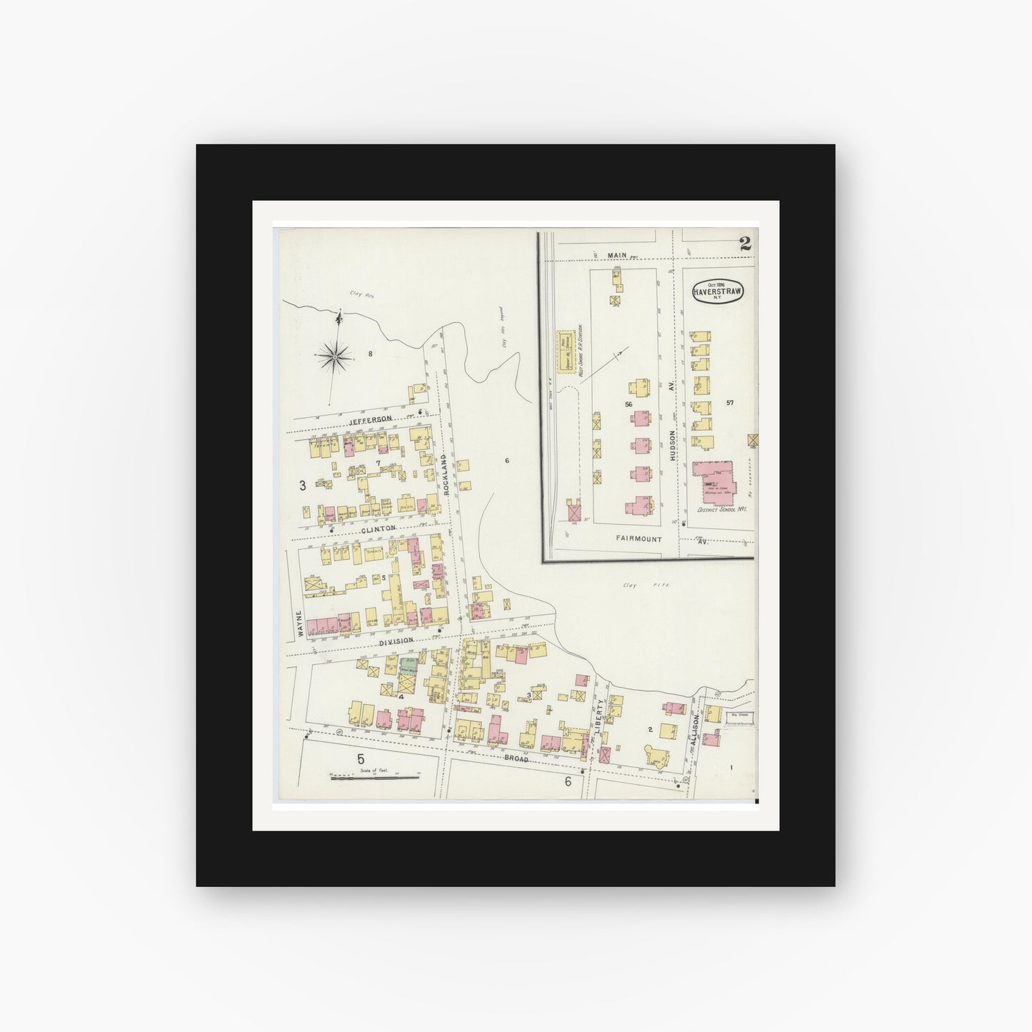 Old map wall art mockup — black gallery frame with white mat — Sanborn Fire Insurance Map from Haverstraw, Rockland County, New York (1896), Sheet #0002