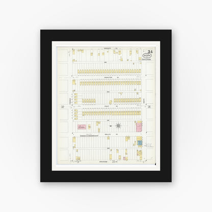 Old map wall art mockup — black gallery frame with white mat — Sanborn Fire Insurance Map from Sharon, Mercer County, Pennsylvania (1908), Sheet #0034