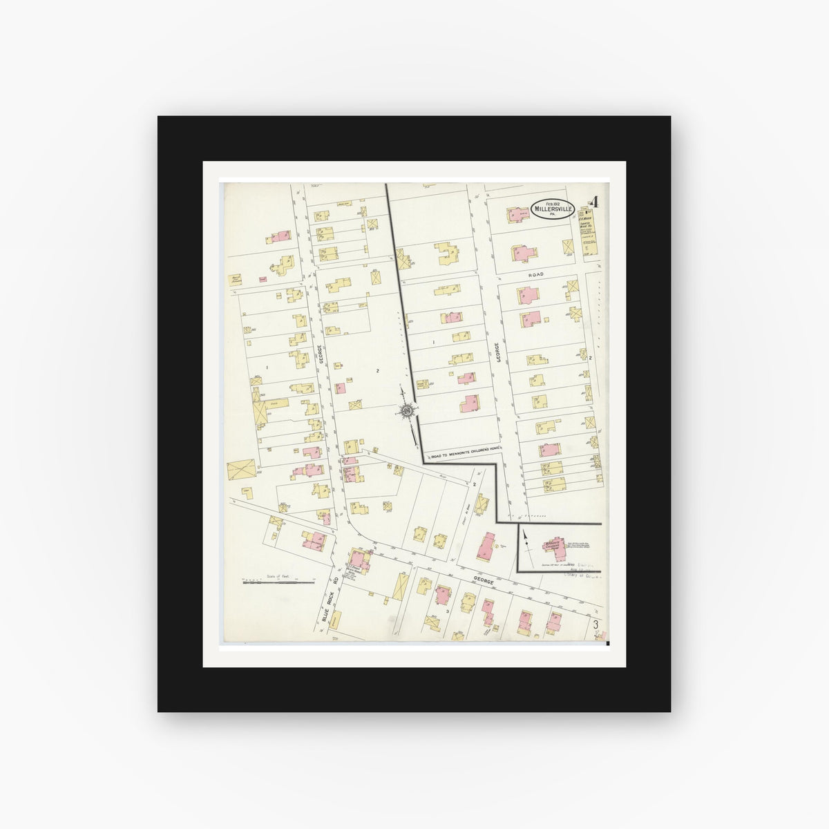 Old map wall art mockup — black gallery frame with white mat — Sanborn Fire Insurance Map from Millersville, Lancaster County, Pennsylvania (1912), Sheet #0004