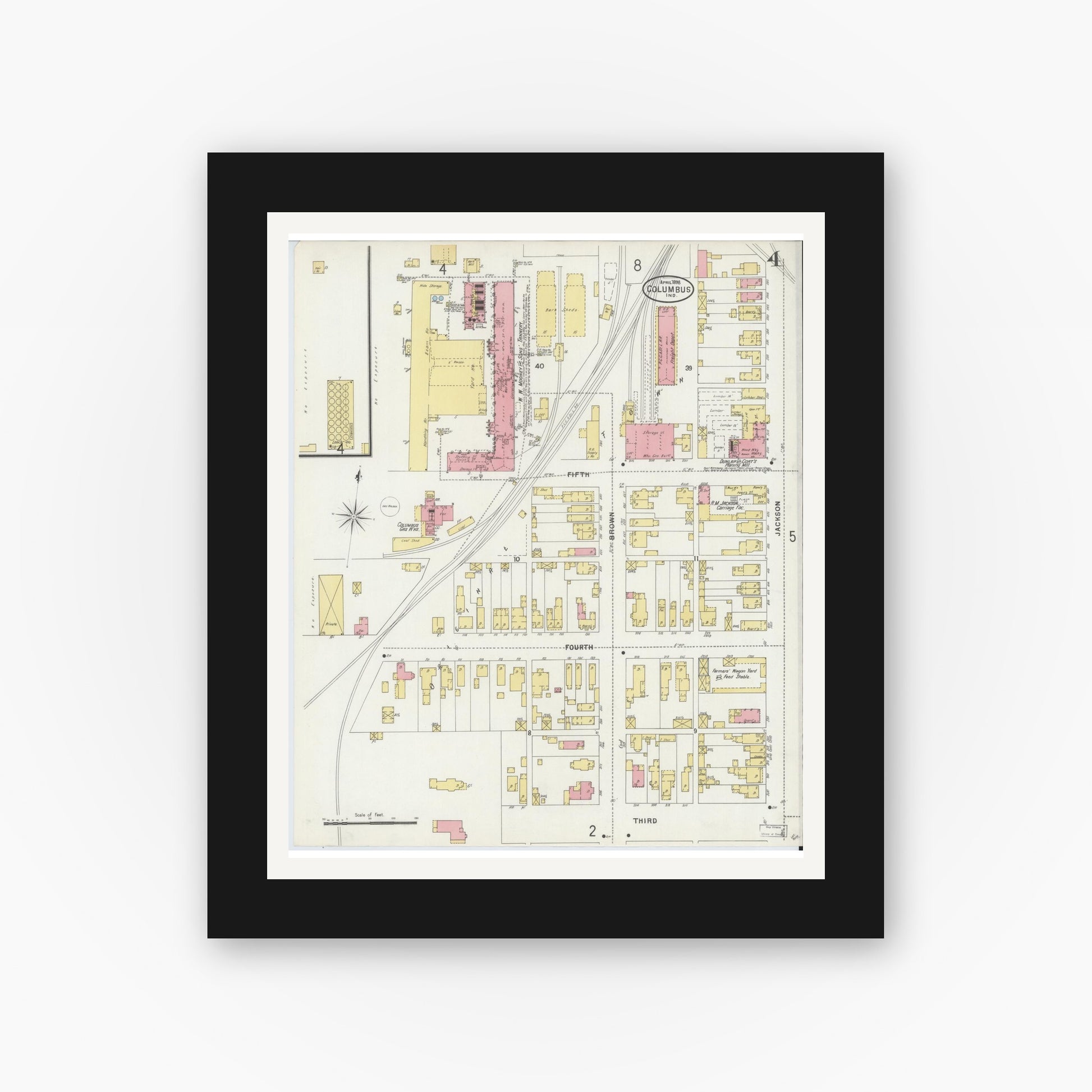 Old map wall art mockup — black gallery frame with white mat — Sanborn Fire Insurance Map from Columbus, Bartholomew County, Indiana (1898), Sheet #0004