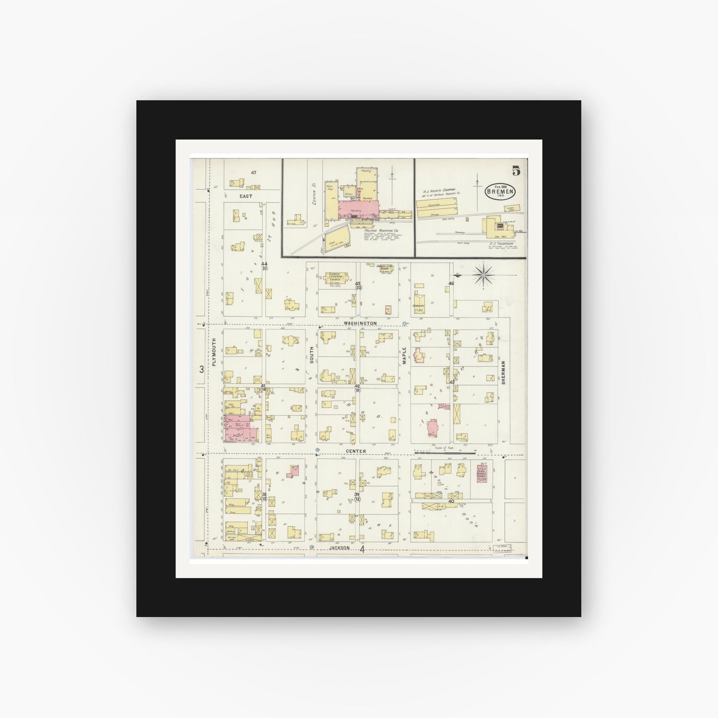 Old map wall art mockup — black gallery frame with white mat — Sanborn Fire Insurance Map from Bremen, Marshall County, Indiana (1898), Sheet #0005