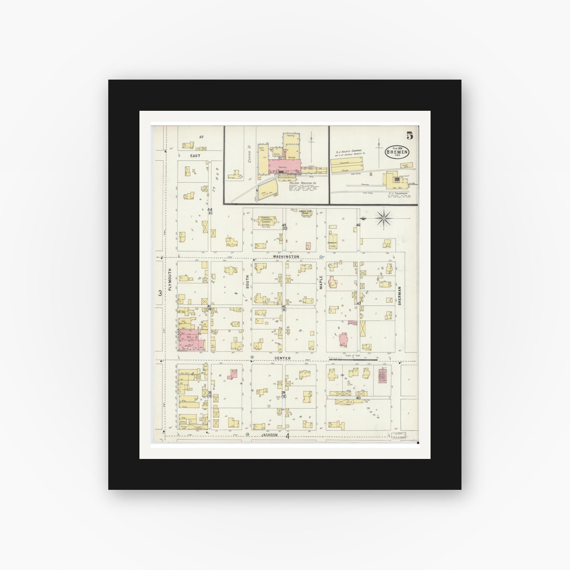 Old map wall art mockup — black gallery frame with white mat — Sanborn Fire Insurance Map from Bremen, Marshall County, Indiana (1898), Sheet #0005