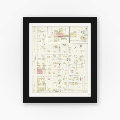 Old map wall art mockup — black gallery frame with white mat — Sanborn Fire Insurance Map from Bremen, Marshall County, Indiana (1898), Sheet #0005