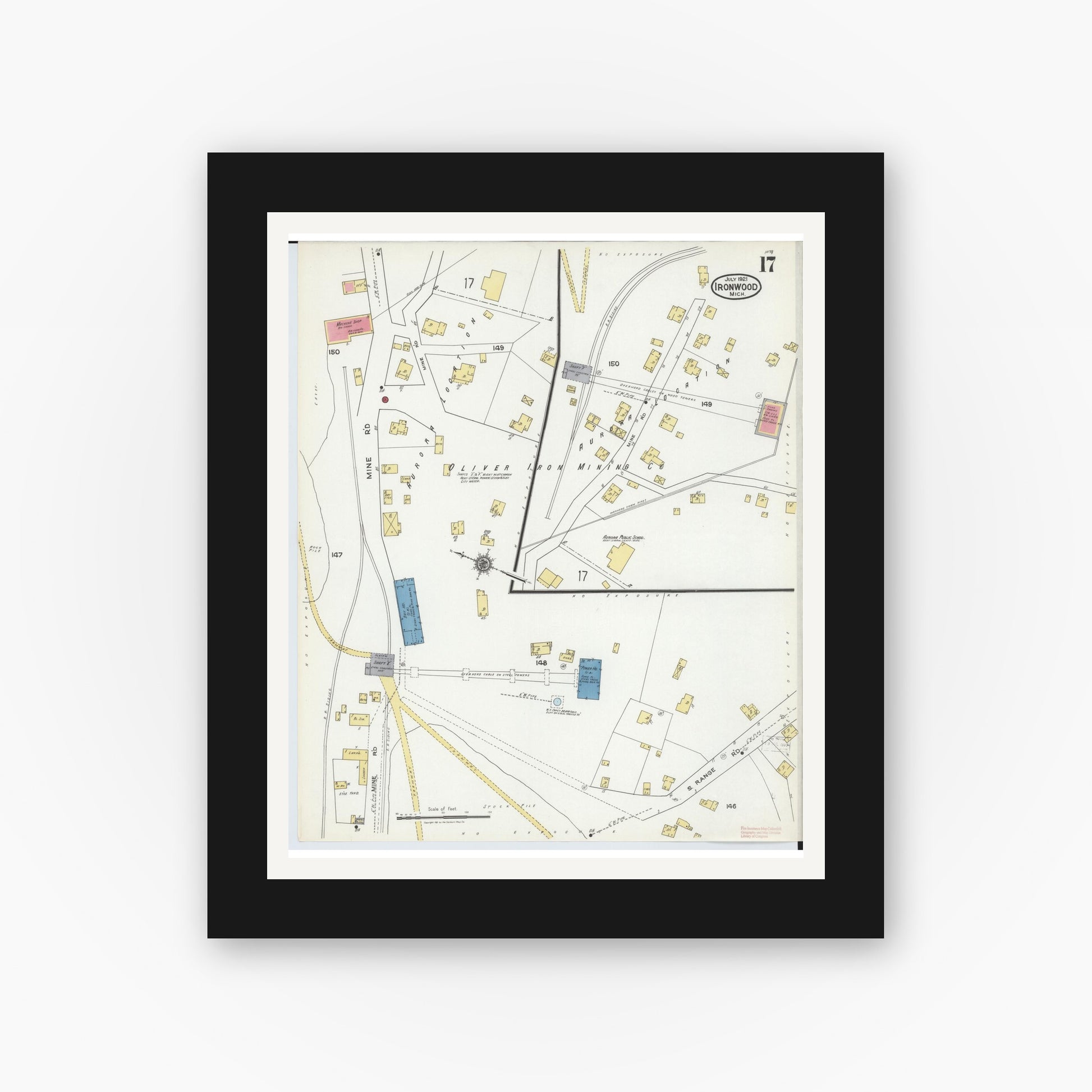 Old map wall art mockup — black gallery frame with white mat — Sanborn Fire Insurance Map from Ironwood, Gogebic County, Michigan (1921), Sheet #0017
