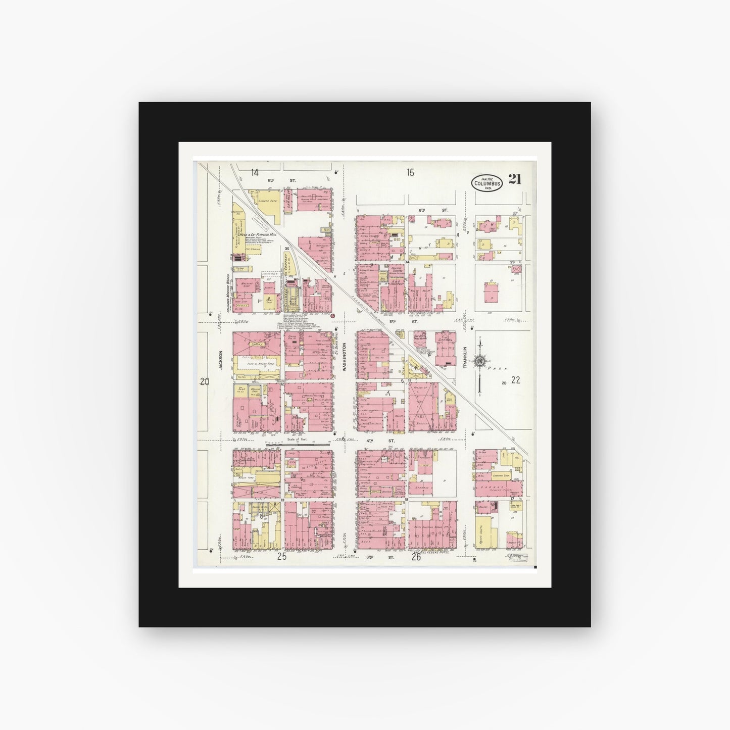 Old map wall art mockup — black gallery frame with white mat — Sanborn Fire Insurance Map from Columbus, Bartholomew County, Indiana (1912), Sheet #0021