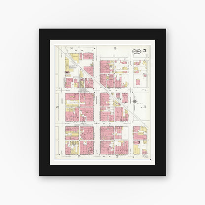 Old map wall art mockup — black gallery frame with white mat — Sanborn Fire Insurance Map from Columbus, Bartholomew County, Indiana (1912), Sheet #0021