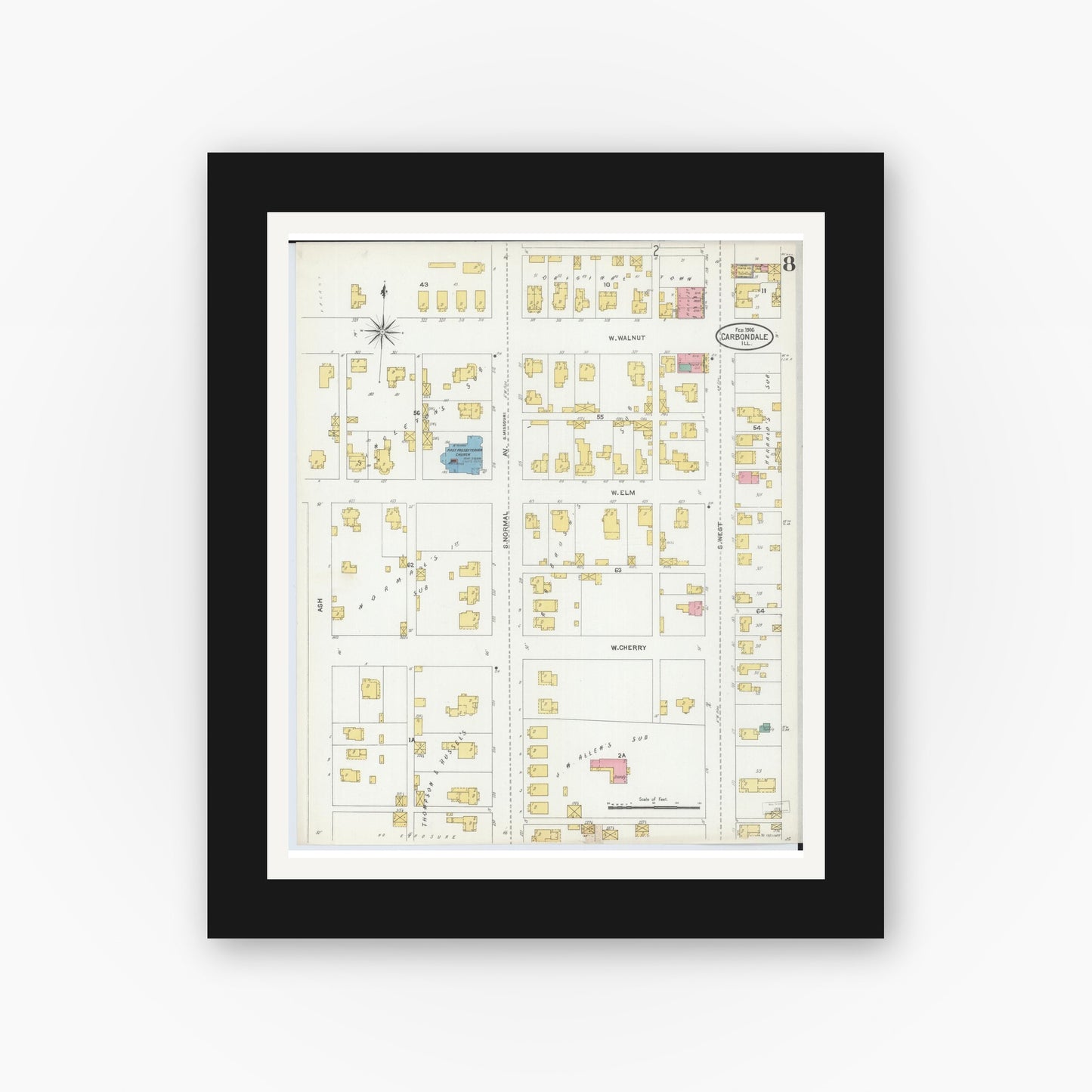 Old map wall art mockup — black gallery frame with white mat — Sanborn Fire Insurance Map from Carbondale, Jackson County, Illinois (1906), Sheet #0008