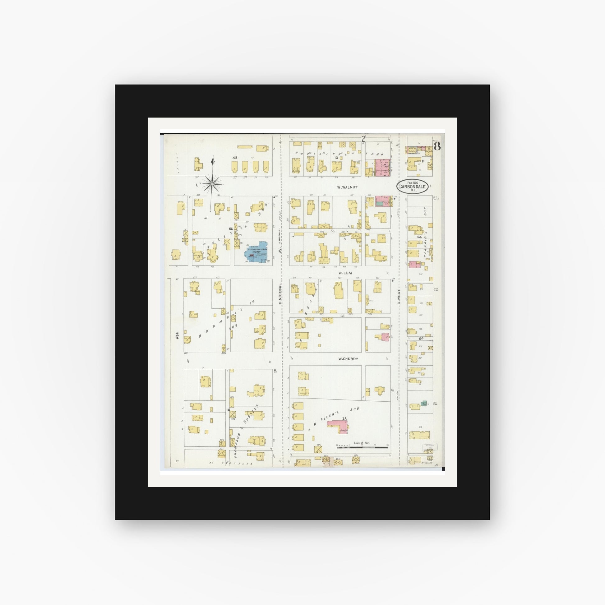 Old map wall art mockup — black gallery frame with white mat — Sanborn Fire Insurance Map from Carbondale, Jackson County, Illinois (1906), Sheet #0008