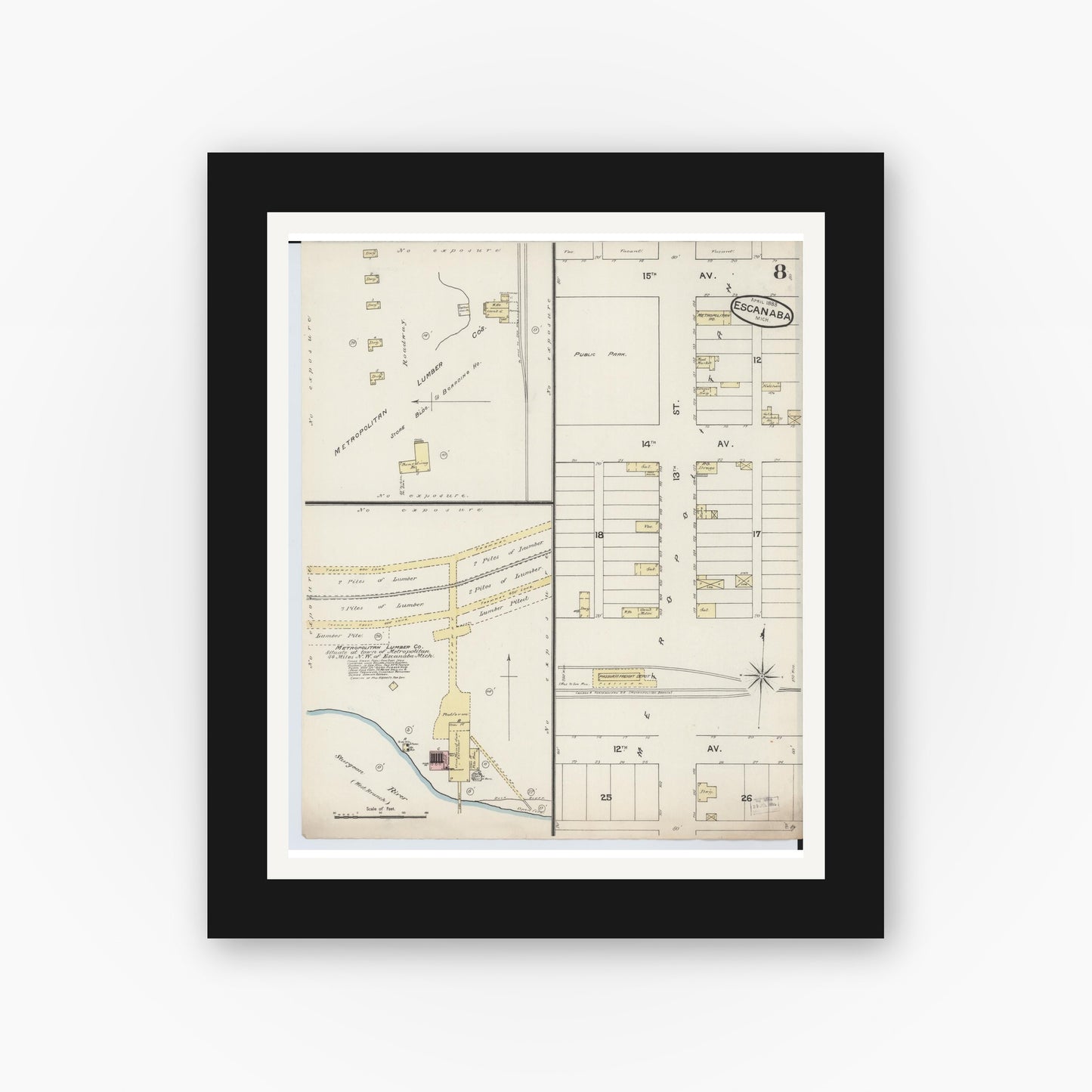 Old map wall art mockup — black gallery frame with white mat — Sanborn Fire Insurance Map from Escanaba, Delta County, Michigan (1888), Sheet #0008