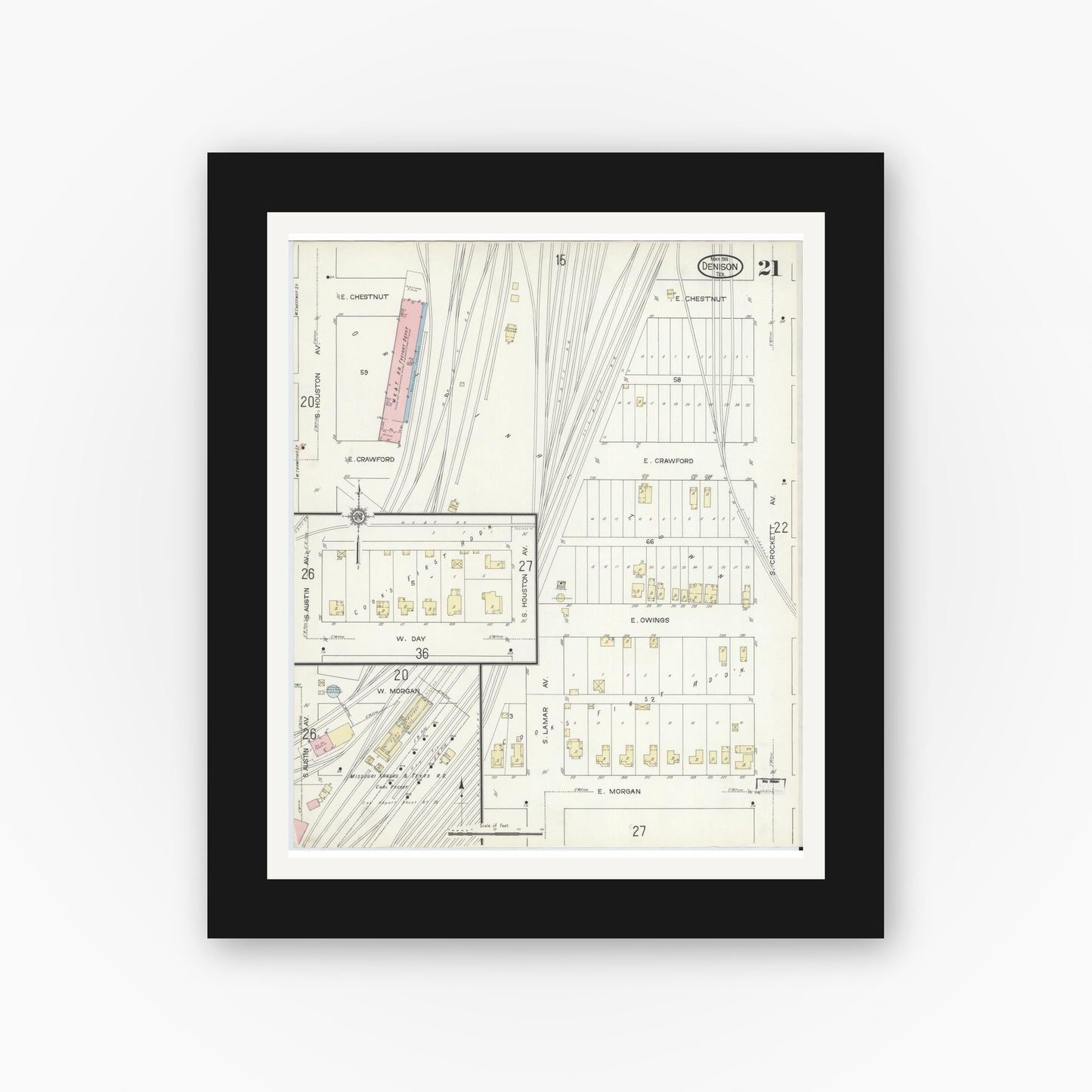 Old map wall art mockup — black gallery frame with white mat — Sanborn Fire Insurance Map from Denison, Grayson County, Texas (1914), Sheet #0021