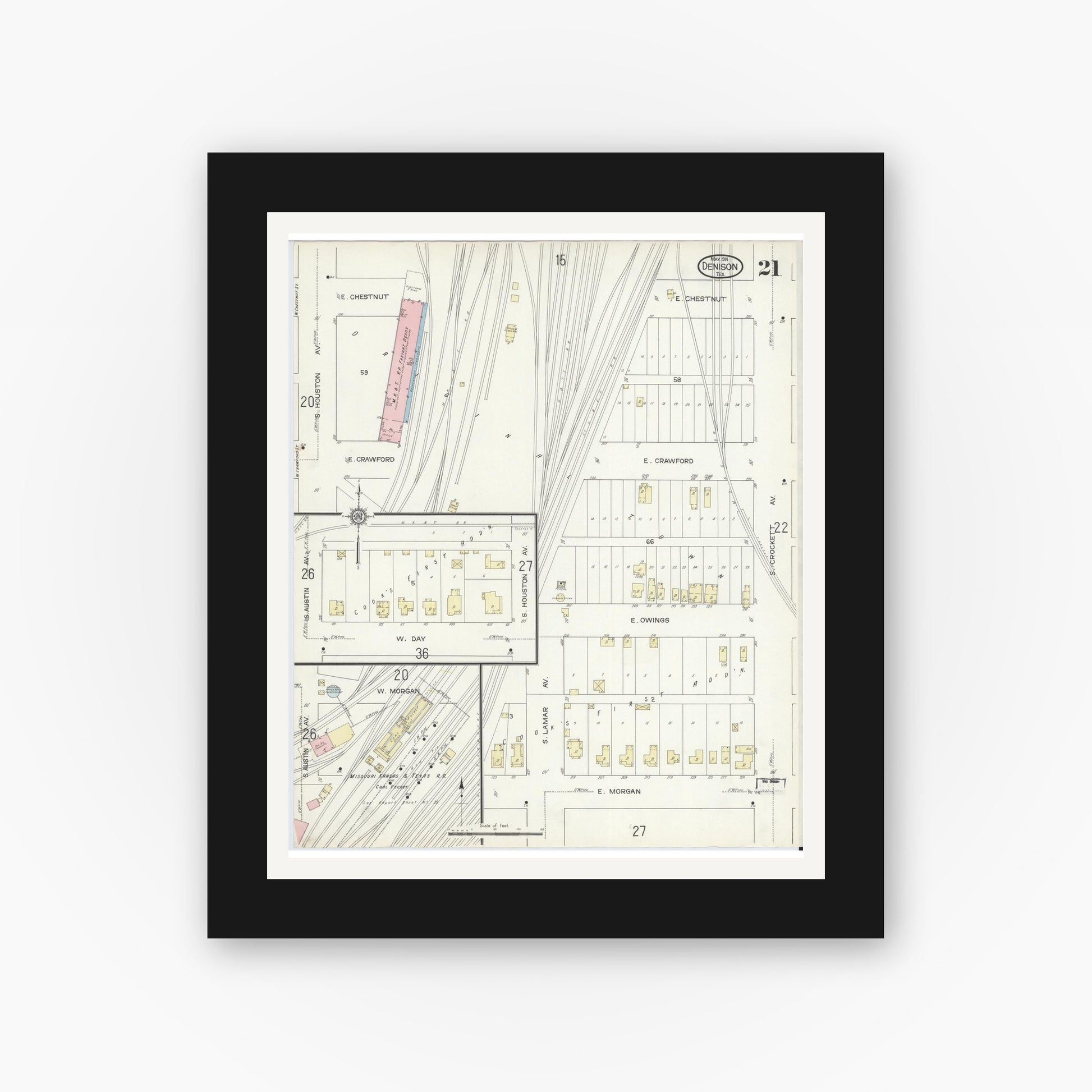 Old map wall art mockup — black gallery frame with white mat — Sanborn Fire Insurance Map from Denison, Grayson County, Texas (1914), Sheet #0021