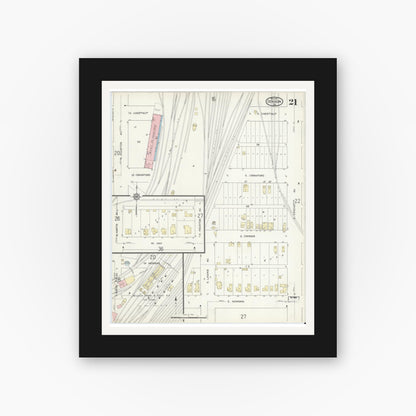 Old map wall art mockup — black gallery frame with white mat — Sanborn Fire Insurance Map from Denison, Grayson County, Texas (1914), Sheet #0021