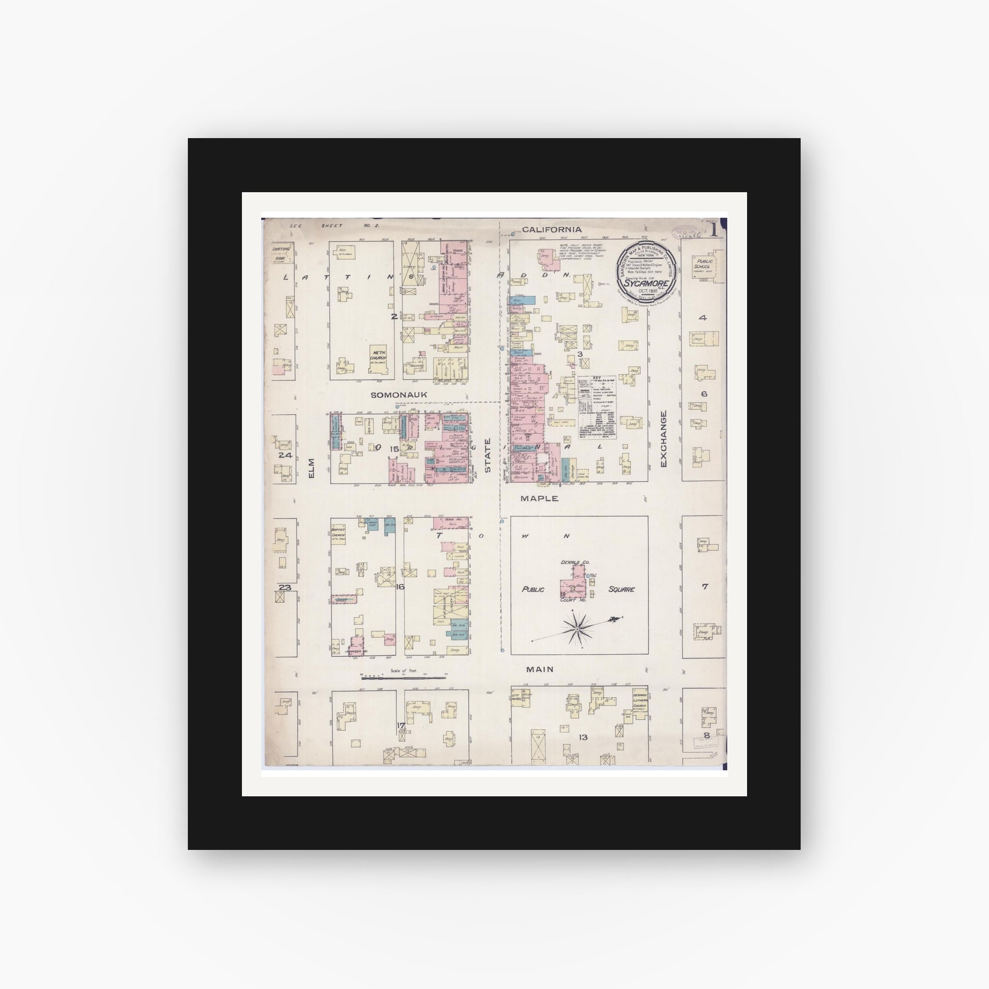 Old map wall art mockup — black gallery frame with white mat — Sanborn Fire Insurance Map from Sycamore, De Kalb County, Illinois (1885), Sheet #0001