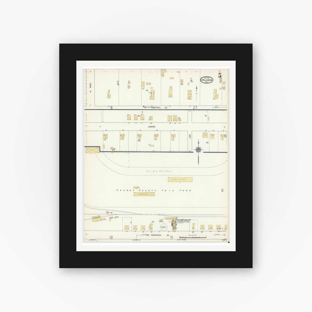 Old map wall art mockup — black gallery frame with white mat — Sanborn Fire Insurance Map from Orlando, Orange County, Florida (1913), Sheet #0005