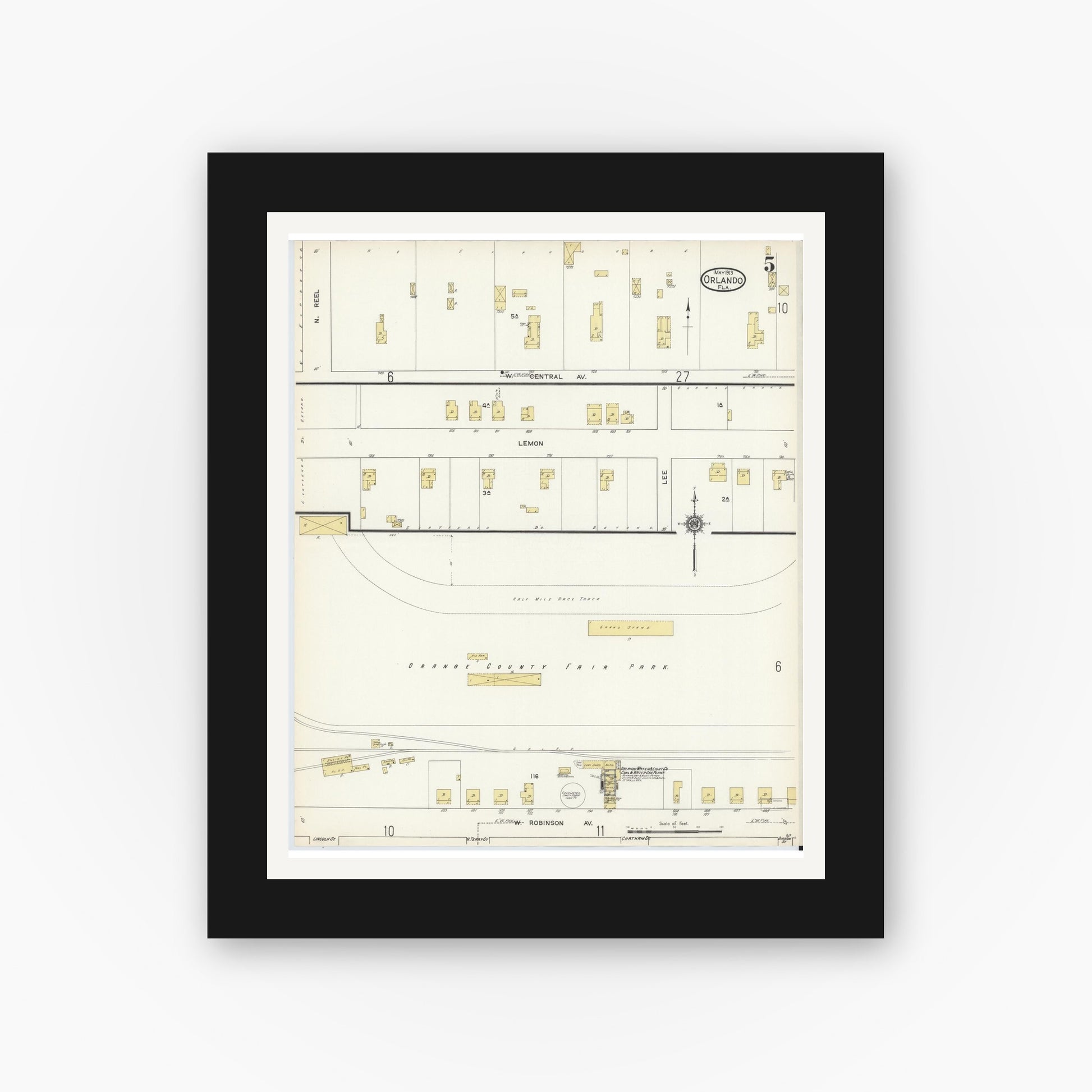 Old map wall art mockup — black gallery frame with white mat — Sanborn Fire Insurance Map from Orlando, Orange County, Florida (1913), Sheet #0005