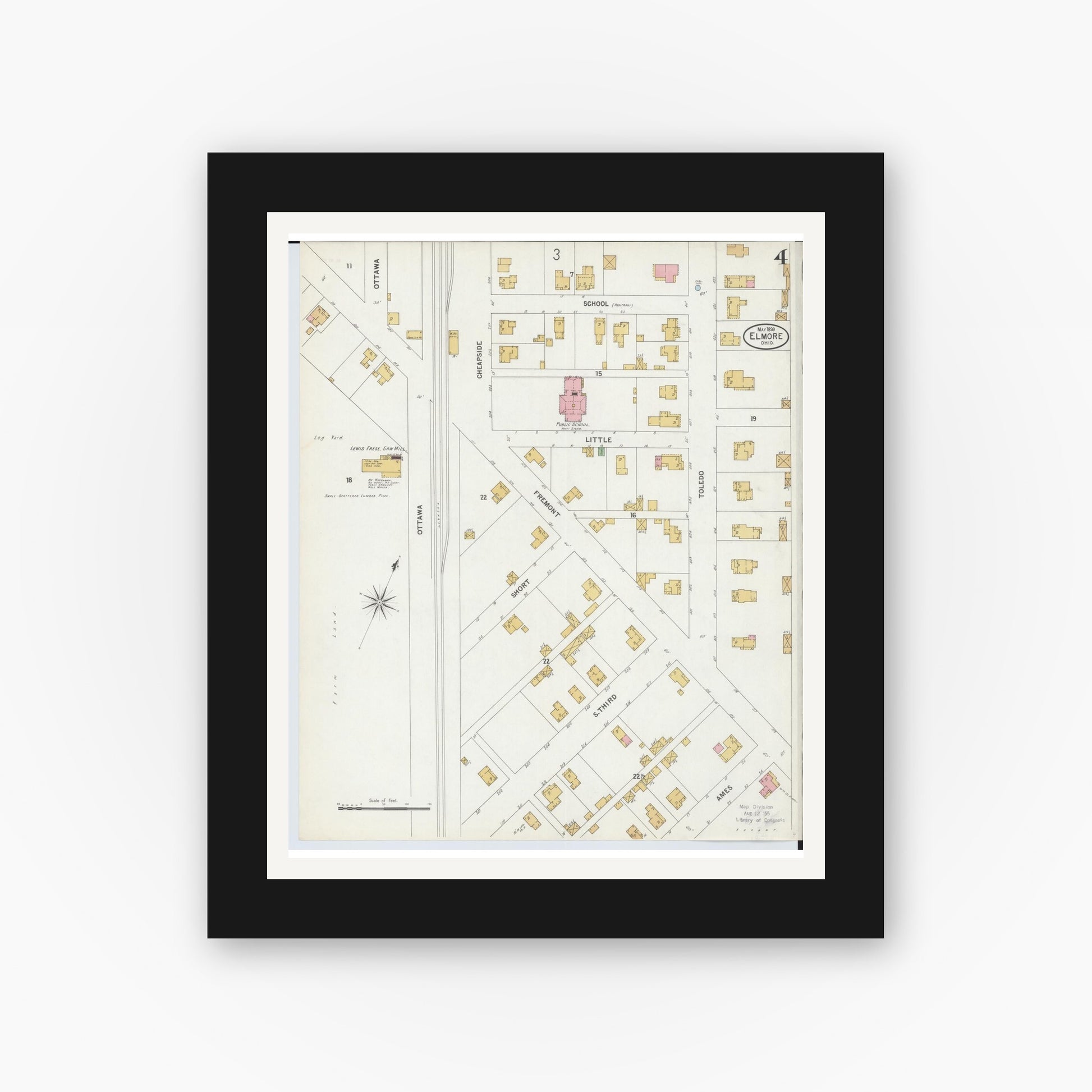 Old map wall art mockup — black gallery frame with white mat — Sanborn Fire Insurance Map from Elmore, Ottawa County, Ohio (1899), Sheet #0004