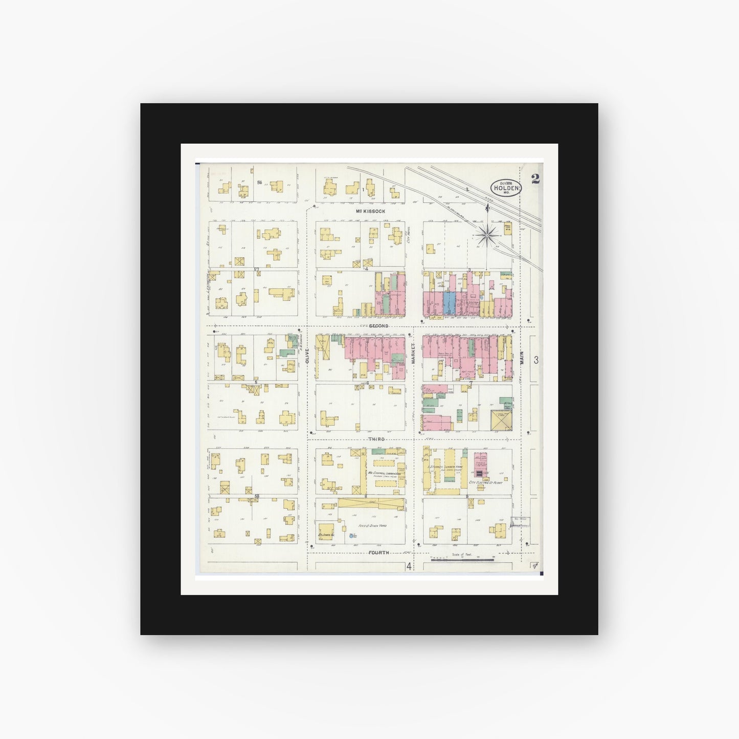 Old map wall art mockup — black gallery frame with white mat — Sanborn Fire Insurance Map from Holden, Johnson County, Missouri (1898), Sheet #0002