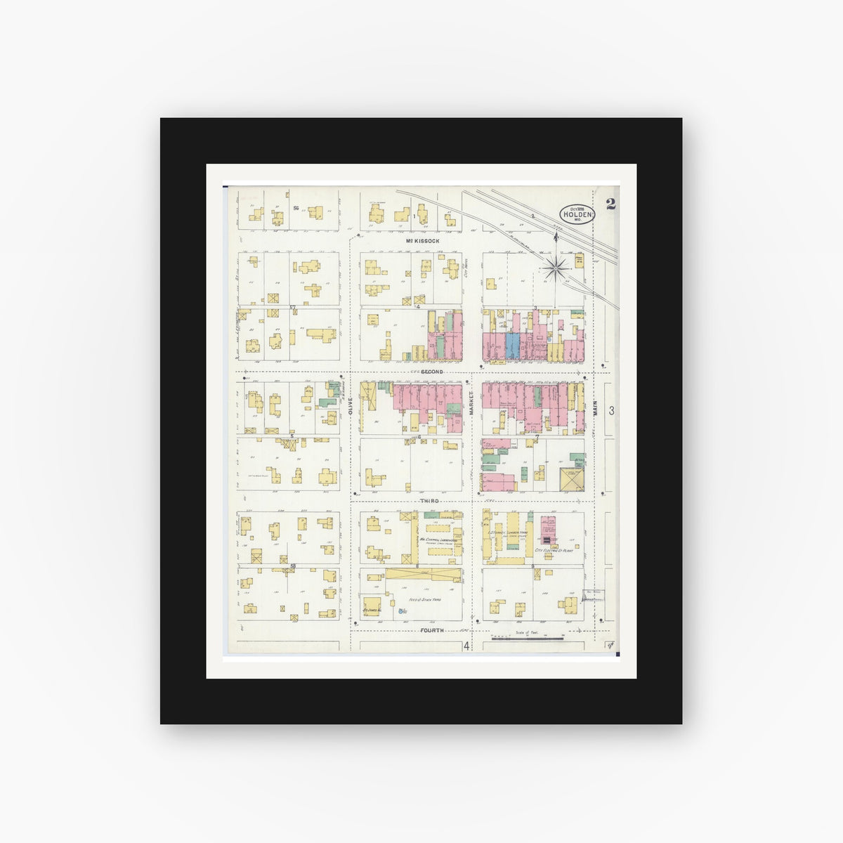 Old map wall art mockup — black gallery frame with white mat — Sanborn Fire Insurance Map from Holden, Johnson County, Missouri (1898), Sheet #0002