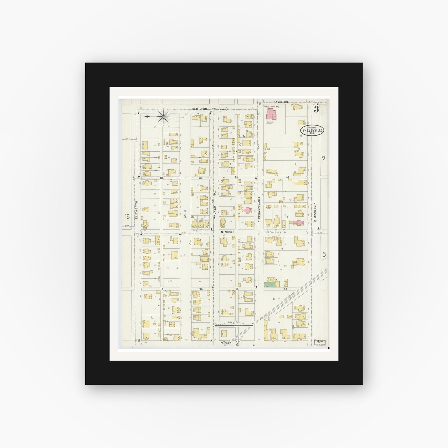 Old map wall art mockup — black gallery frame with white mat — Sanborn Fire Insurance Map from Shelbyville, Shelby County, Indiana (1898), Sheet #0003