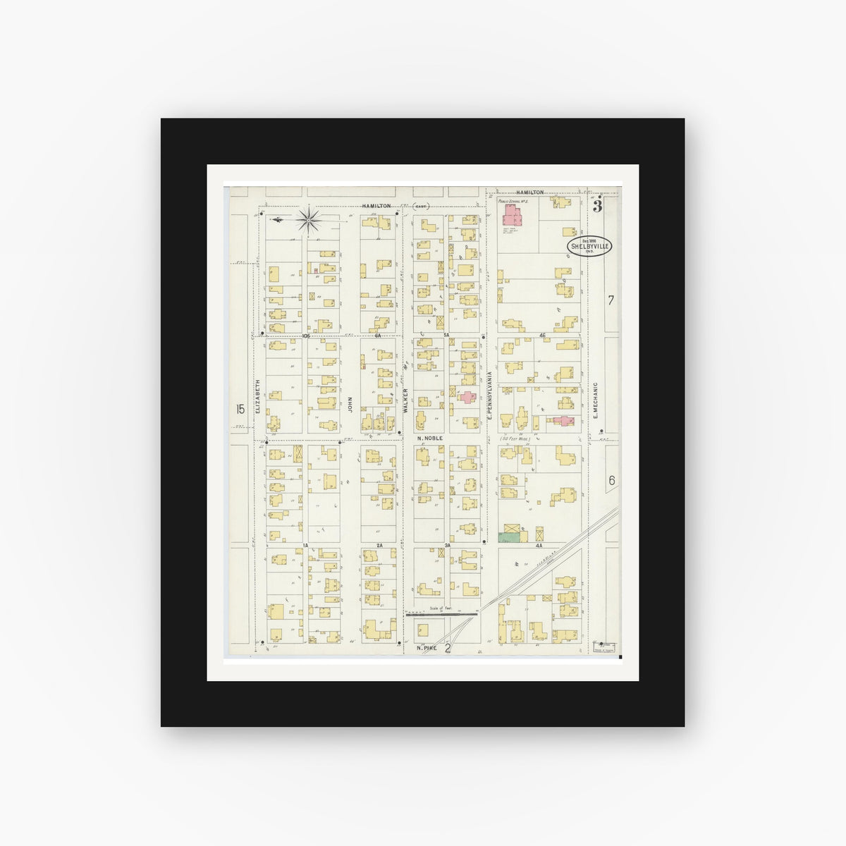 Old map wall art mockup — black gallery frame with white mat — Sanborn Fire Insurance Map from Shelbyville, Shelby County, Indiana (1898), Sheet #0003