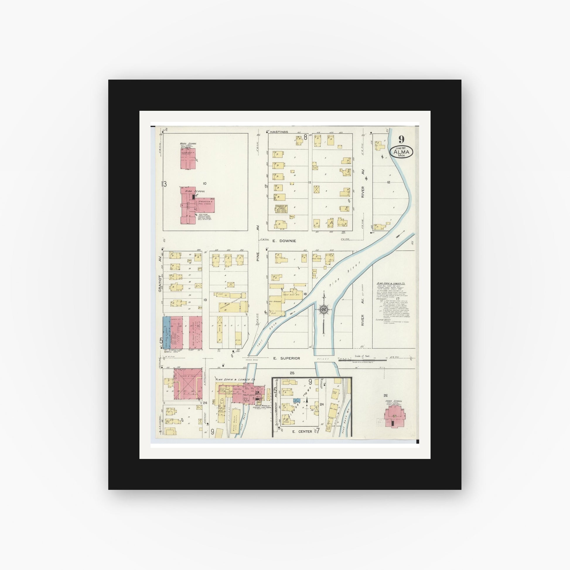 Old map wall art mockup — black gallery frame with white mat — Sanborn Fire Insurance Map from Alma, Gratiot County, Michigan (1917), Sheet #0009