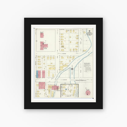 Old map wall art mockup — black gallery frame with white mat — Sanborn Fire Insurance Map from Alma, Gratiot County, Michigan (1917), Sheet #0009