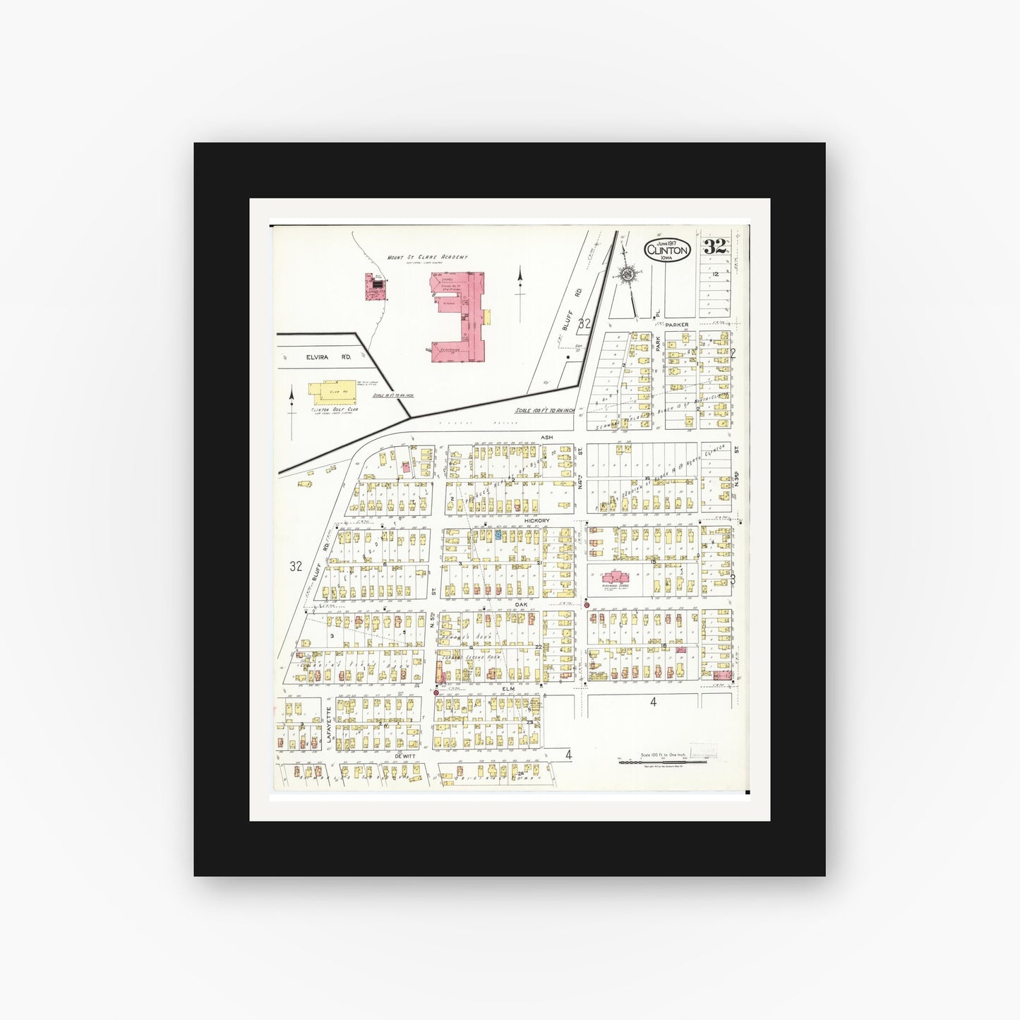 Old map wall art mockup — black gallery frame with white mat — Sanborn Fire Insurance Map from Clinton, Clinton County, Iowa (1917), Sheet #0032